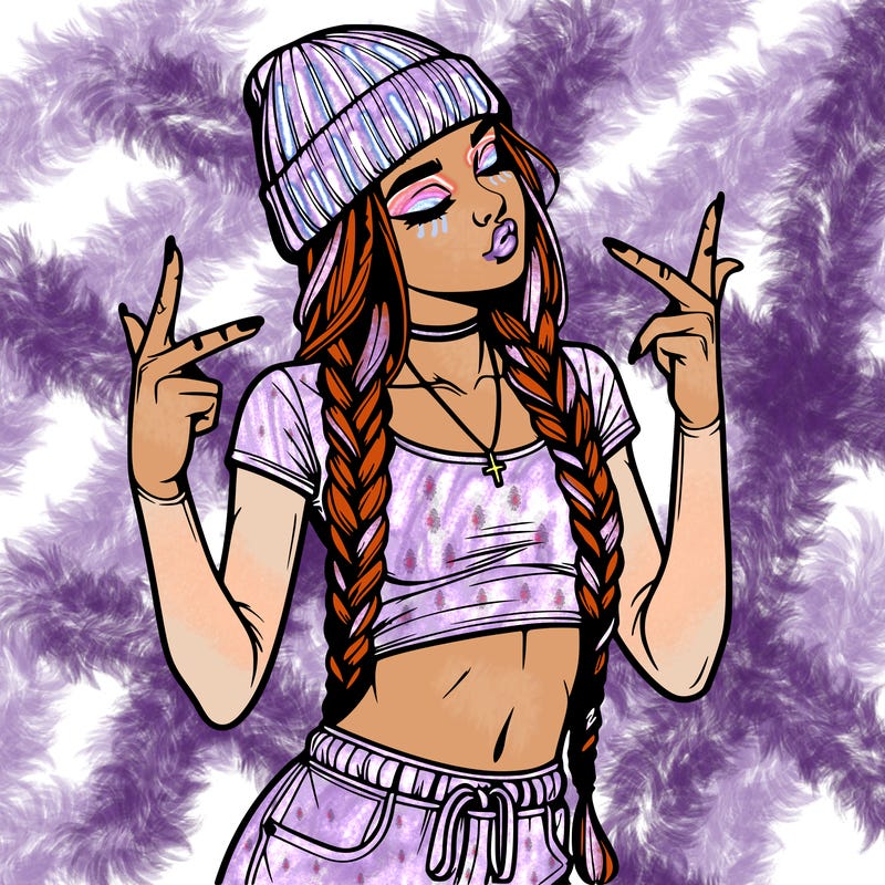 realistic teenage girl with braids and a beanie and crop top doing 🫶🏼