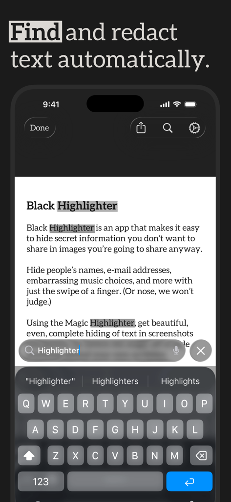 Black Highlighter: Redact Text - Black Highlighter app interface showing the find and redact text automatically feature on an iPhone screen