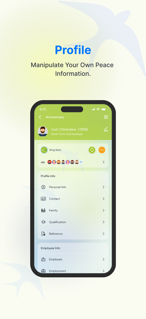 Wing Digital - User profile screen of Wing Digital app showing personal and employee information categories on an iPhone.