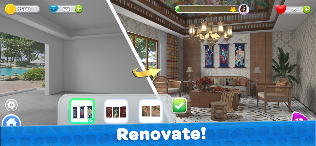 My House - Home Design Games - Uma comparação de antes e depois de uma reforma de sala de estar com decoração tradicional e um grande lustre.