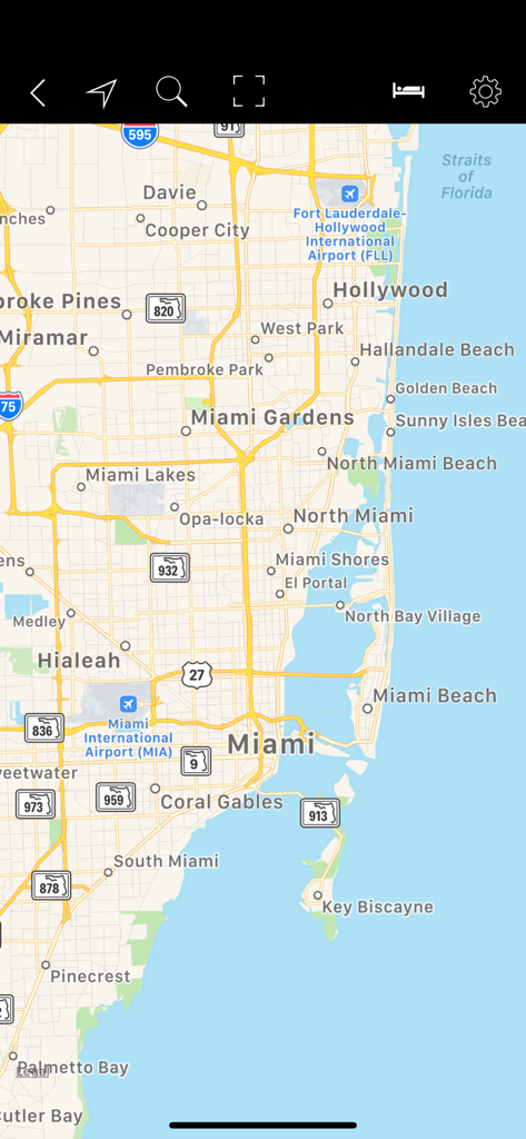 TTW Trips - Un mapa detallado de Miami y Miami Beach dentro de la aplicación de viaje TTW Trips.