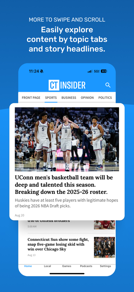 CT Insider - UConn 남자 농구 팀에 대한 헤드라인을 특징으로 하는 CT Insider 앱 스포츠 섹션