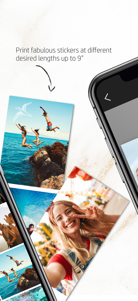HP Sprocket Panorama - HP Sprocket Panorama app interface showing custom length photo stickers up to nine inches