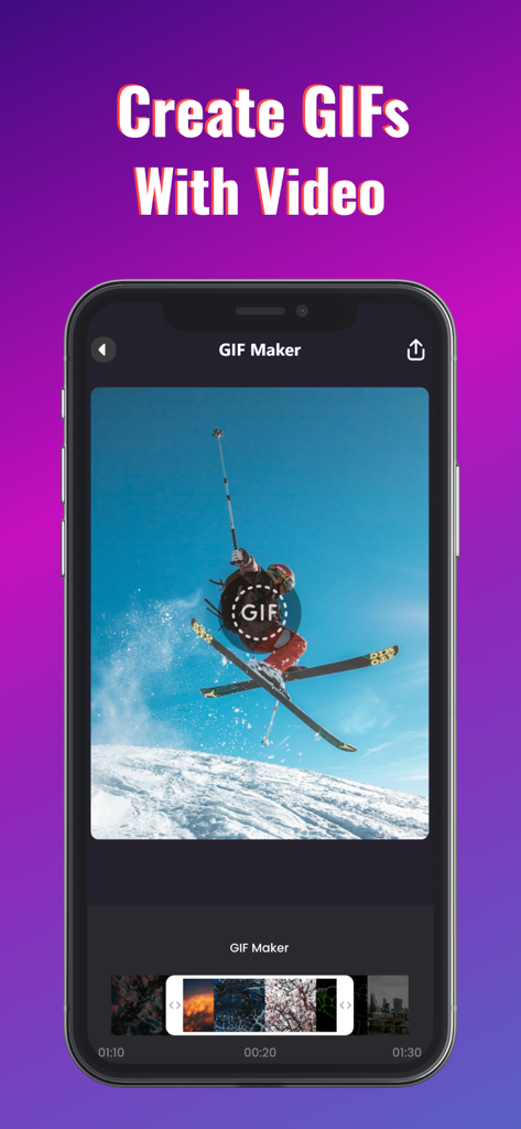 Interface of the TikPro app showing how to create GIFs from videos with a skiing scene example