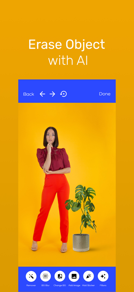 Pixart AI Photo Editor - Pixart AI Photo Editor app interface showing the erase object tool with a woman standing next to a plant on a yellow background