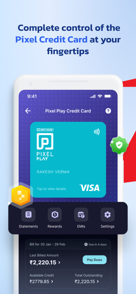 PayZapp app dashboard for managing Pixel Play Credit Card with billing and rewards features
