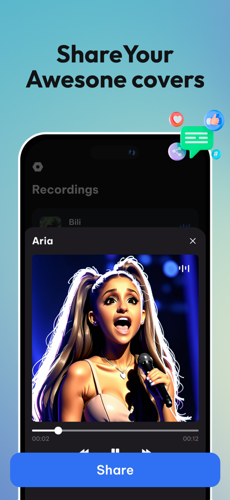 AI Voice Changer & Song Cover - Mobile app interface for sharing AI generated music covers