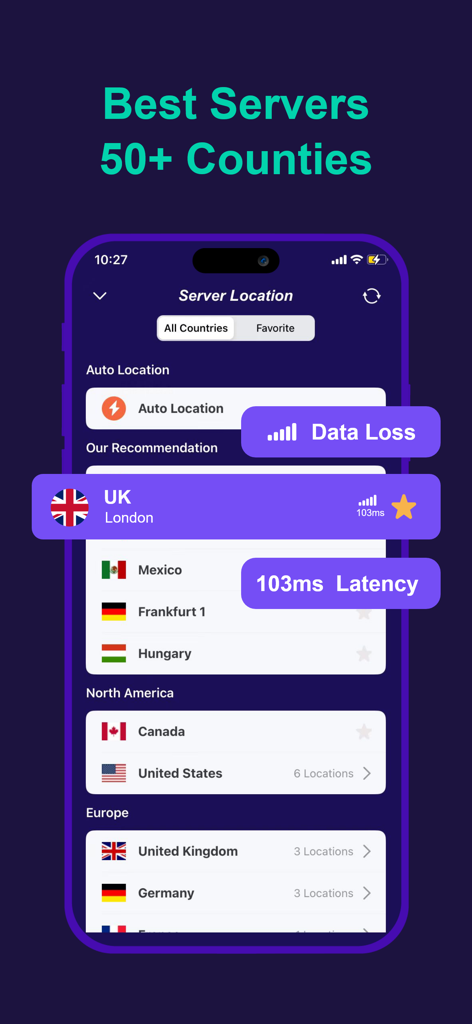 PlatoVPN mobile App-Oberfläche, die eine Liste globaler Serverstandorte mit Latenz- und Datenverlustmetriken anzeigt.
