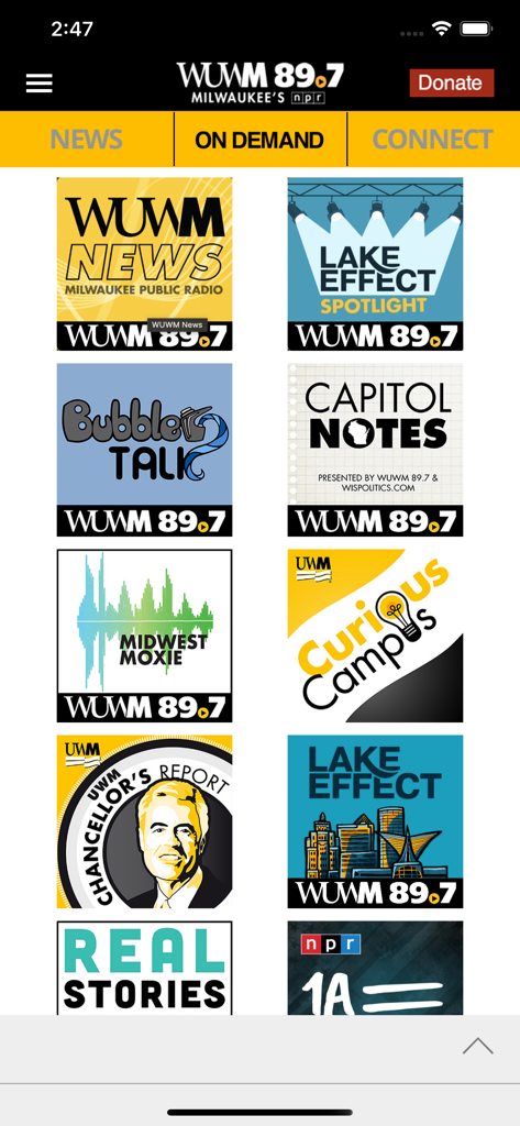 WUWM Milwaukee’s NPR - Grid of podcast programs in the WUWM Milwaukee’s NPR app On Demand section.