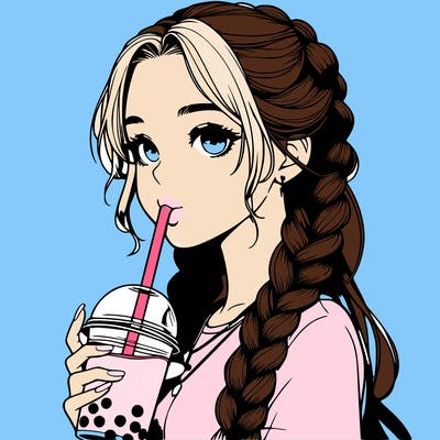 realistic girl with braided hair drinking boba
