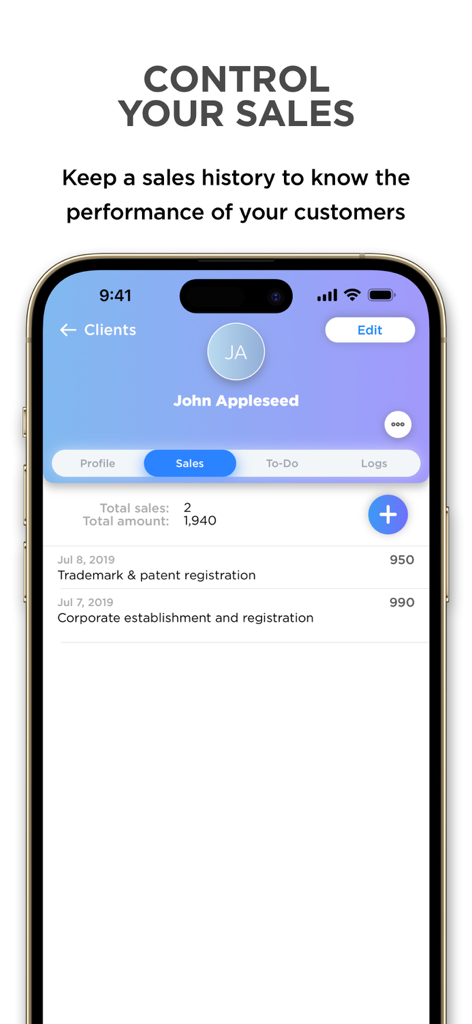 Mobile app screen showing a client sales history with total sales and transaction amounts
