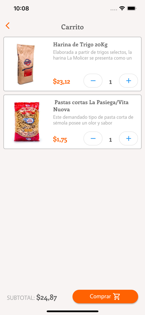Katapulk - Katapulk mobile app shopping cart showing grocery items like wheat flour and pasta for delivery.