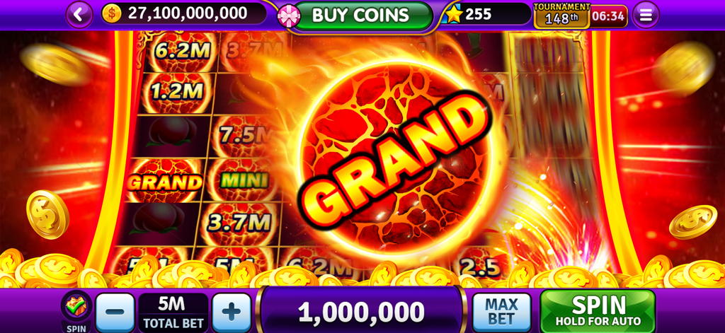 Ein lebendiger Gameplay-Bildschirm, der einen massiven Grand-Jackpot-Gewinn an einem feurigen Spielautomaten in Tycoon Casino zeigt.