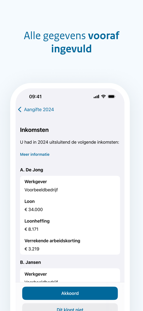 Screenshot of the Aangifte Inkomstenbelasting mobile app showing prefilled income and salary data for a Dutch tax return
