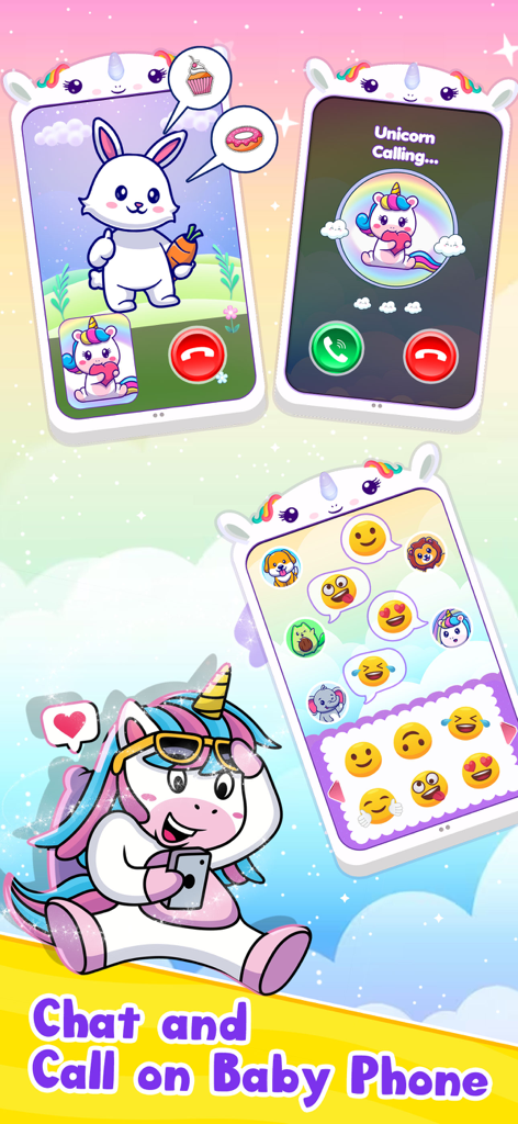 Baby Unicorn Phone For Kids 2+ - Pantallas interactivas de chat y llamadas de la aplicación Baby Unicorn Phone para niños pequeños