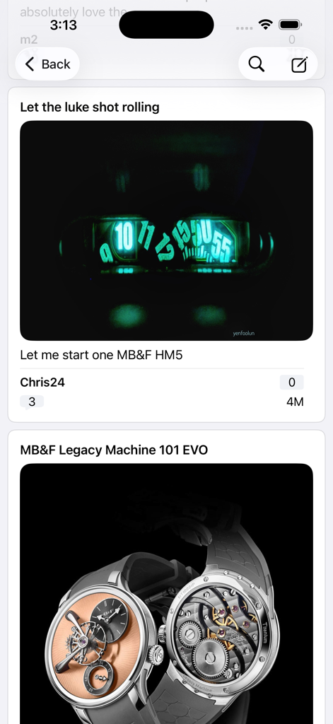 WatchProSite - Community forum posts on WatchProSite app displaying MB&F luxury timepieces