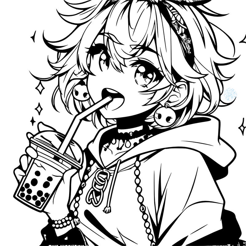 hot baddie anime girl drinking boba and biting the straw