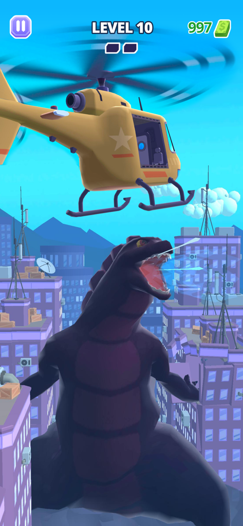 Heli Monsters - Giant Hunter - Ein gelber Helikopter schwebt über einem riesigen Monster, das in einer Stadt brüllt.