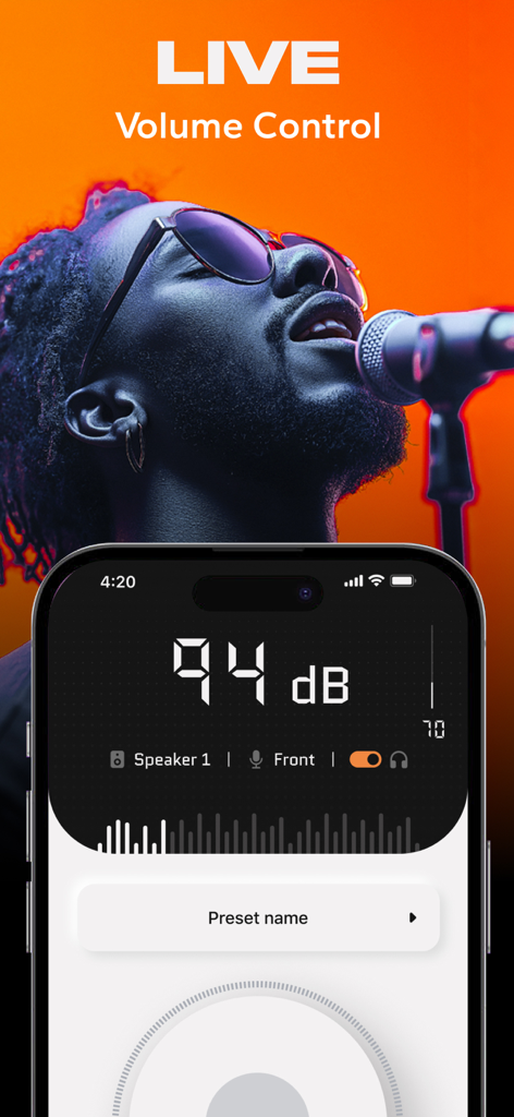 A smartphone displaying the real-time decibel monitor and live volume control interface of the Microphone-Live Mic To Speaker app