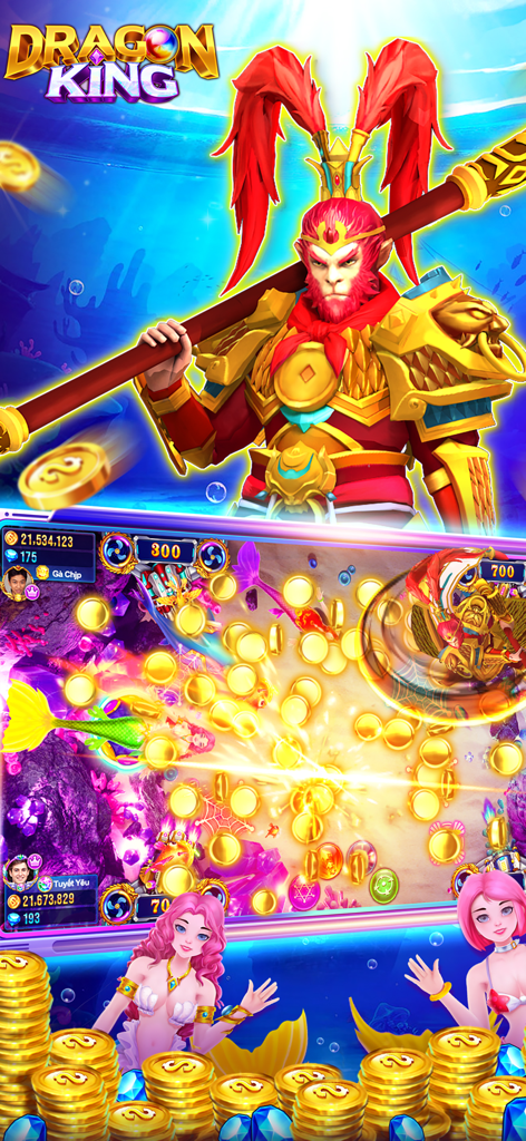 Capture d'écran de gameplay de Dragon King Fish Table Online montrant un guerrier roi singe et des sirènes entourées de pièces d'or