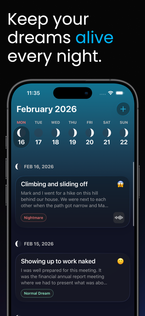 Dreamy - Personal Dream Diary - Dreamy app interface showing a dream diary with moon phases and entries