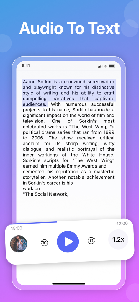 Audio Converter - Music editor - Interfaz de aplicación móvil para convertir audio a texto con controles de reproducción