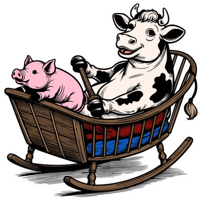 realistic cow rocking a pig in a cradle