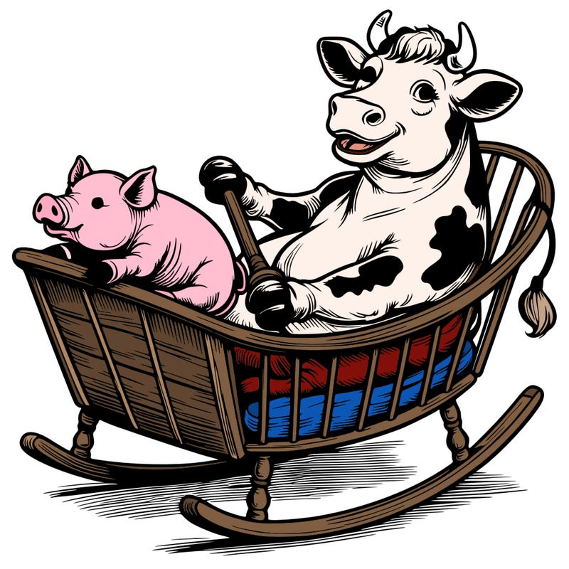 realistic cow rocking a pig in a cradle