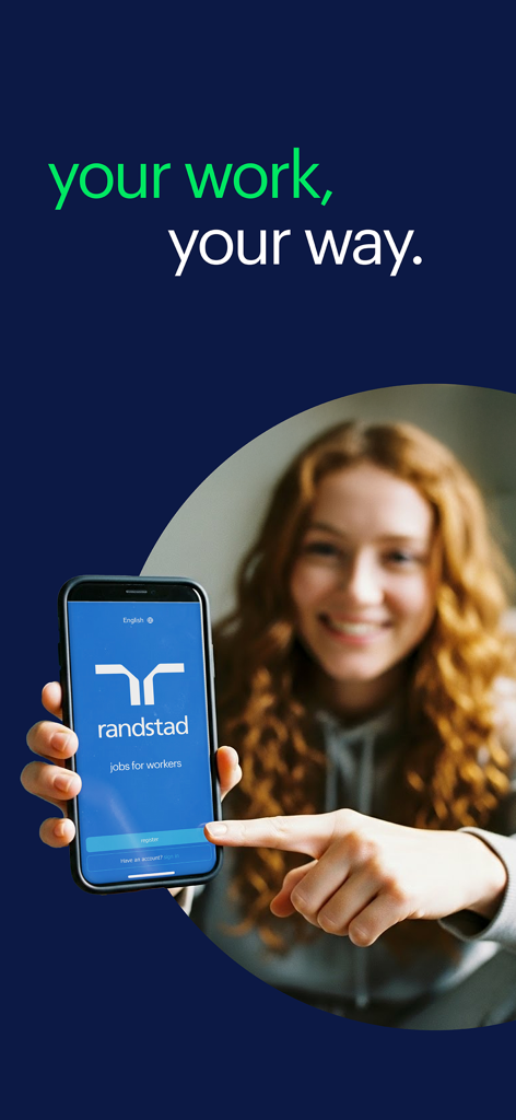 randstad: jobs for workers - A young woman holding a smartphone with the Randstad jobs for workers app screen visible
