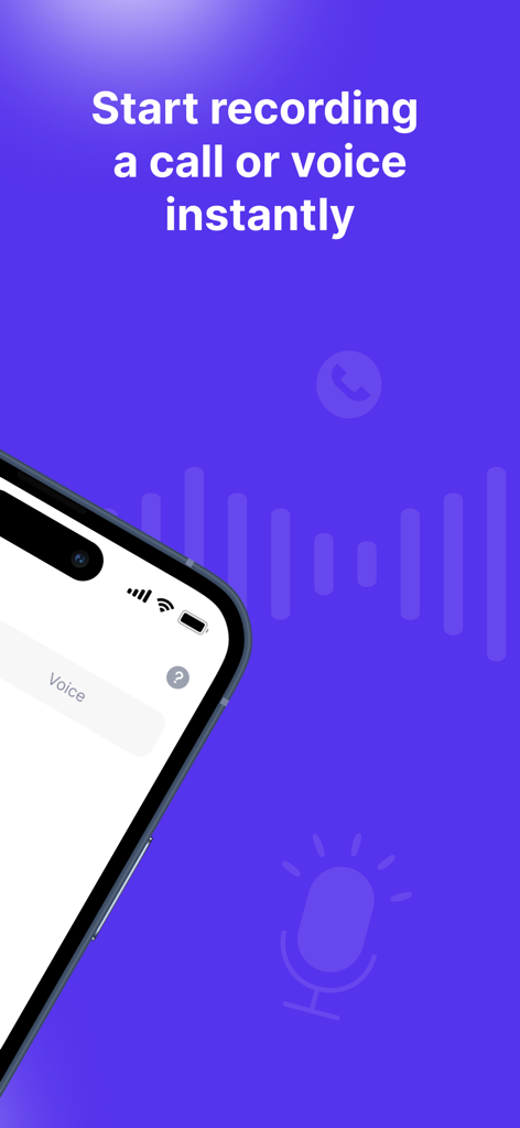 Una pantalla púrpura para la aplicación Rec-all con el texto Comience a grabar una llamada o voz al instante y una vista parcial de un iPhone que muestra la interfaz de grabación de voz.