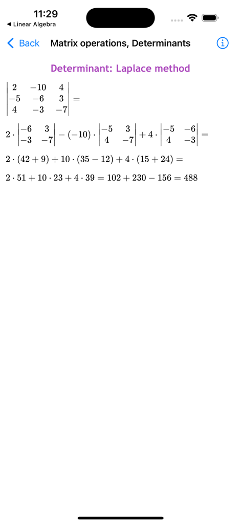 ALG Math Solver - Step-by-step matrix determinant calculation using the Laplace method in the ALG Math Solver app