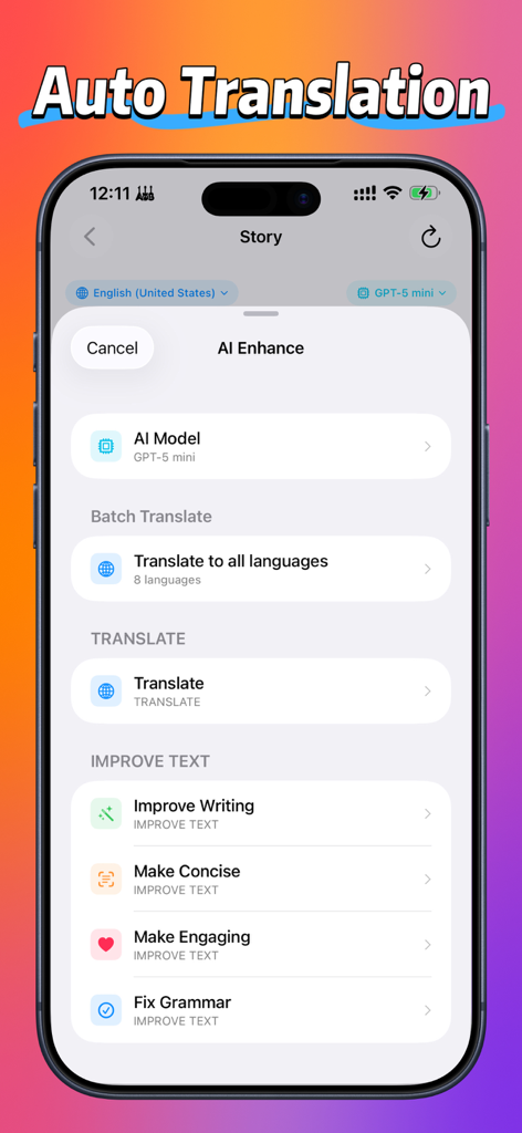 アプリ開発者向けのAI自動翻訳とテキスト強化オプションを示すAppNexusのインターフェース