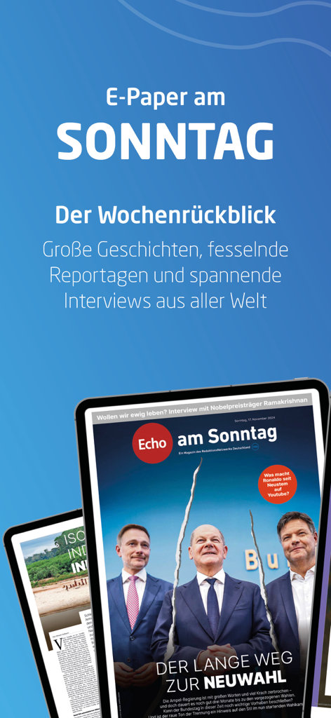 Werbung für die Sonntagsausgabe des Echo E-Paper, die politische Nachrichten auf einem Tablet-Bildschirm zeigt