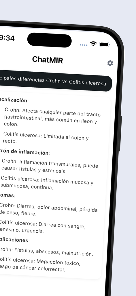 ChatMIR app interface showing a comparison between Crohn's disease and ulcerative colitis for medical exam preparation