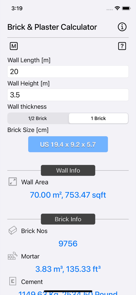 Brick and Plaster Calculator - Brick and Plaster Calculator interface showing wall area and masonry material estimates