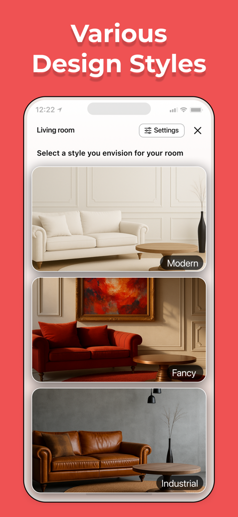 Decory - AI Home & Room Design - Smartphone screen showing different interior design styles including Modern Fancy and Industrial in the Decory app