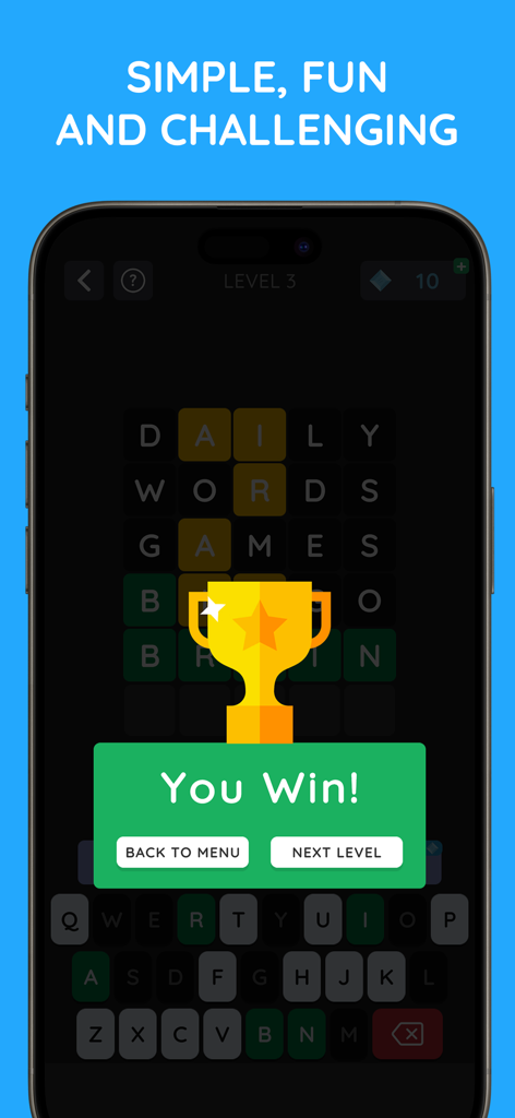 WordDaily: Guess the Word - Victory screen in WordDaily app showing a gold trophy and You Win message