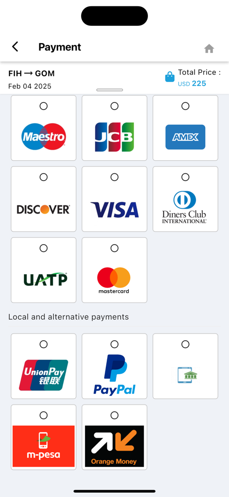 Air Congo - Schermata di selezione del pagamento dell'app Air Congo che mostra carte di credito internazionali e opzioni di denaro mobile locali come M-Pesa