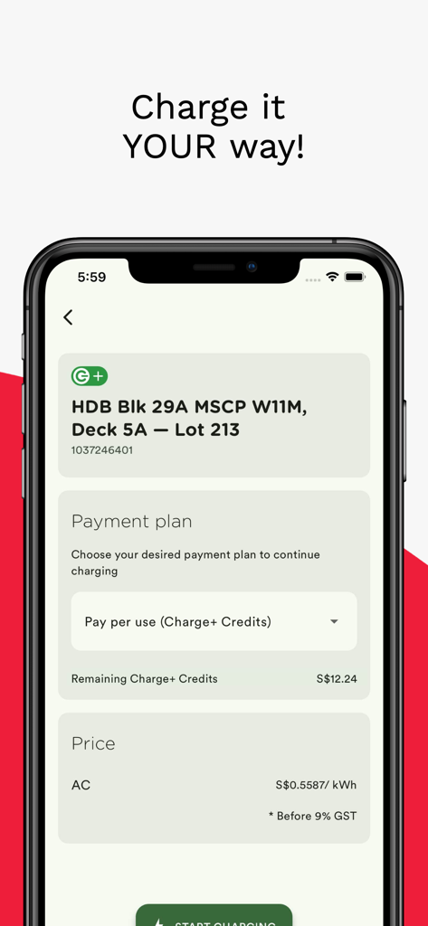 Bildschirm der Charge Plus App zur Auswahl eines Zahlungsplans und zur Anzeige von Details zur Ladestation.