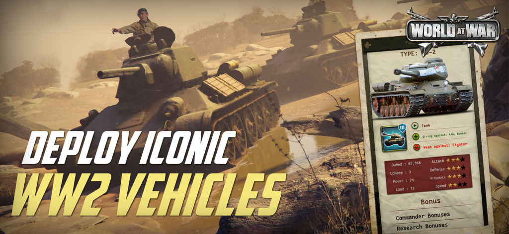 World at War WW2 Strategy MMO - Iconic WWII tanks on a battlefield with unit statistics in World at War MMO