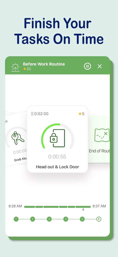 Brili Routines app interface showing a visual countdown timer for a daily task to help users finish routines on time.