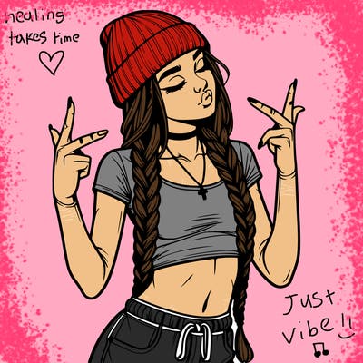 realistic teenage girl with braids and a beanie and crop top doing 🫶🏼