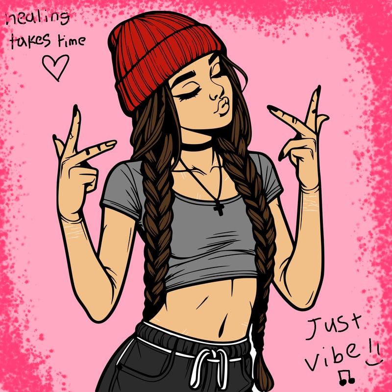 realistic teenage girl with braids and a beanie and crop top doing 🫶🏼