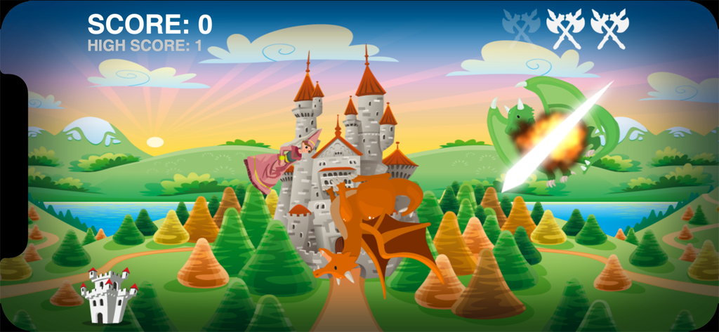 Dragon Slayer Quest - Dragon Slayer Quest gameplay showing a flying dragon being slashed over a cartoon castle landscape with a princess.