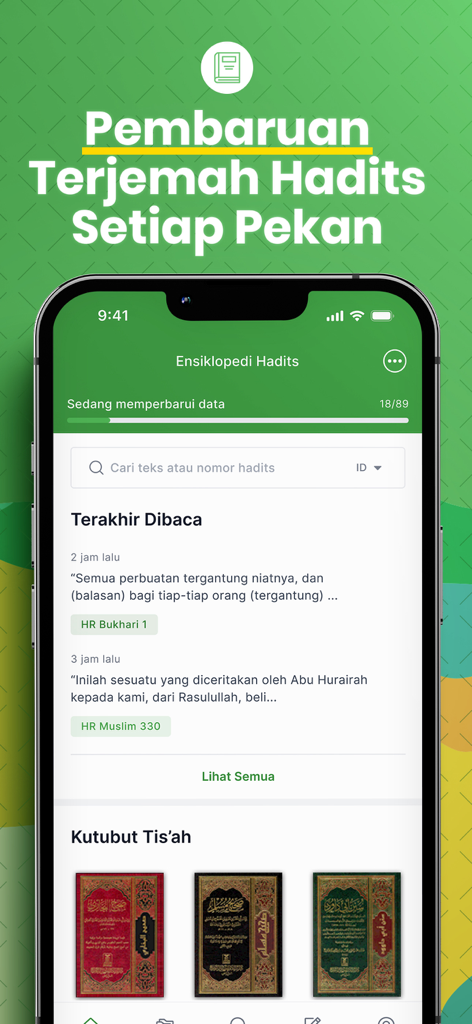 Hadith Encyclopedia - Smartphone screen displaying the Hadith Encyclopedia app in Indonesian with recently read hadiths and book covers of the nine imams