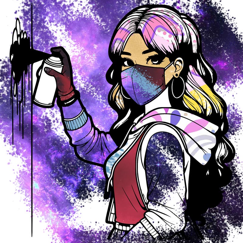 realistic girl with mask spray painting a wall