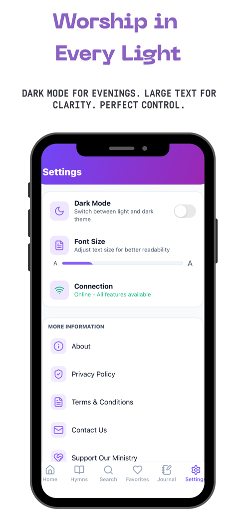 Settings screen for Icilongo Zulu Hymn Journal app featuring dark mode and font size adjustments