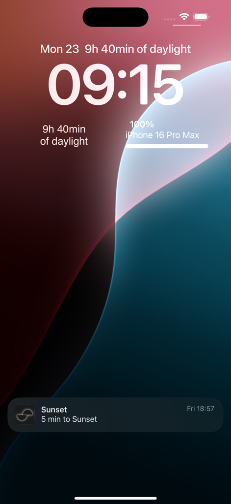 Sunrise Sunset Tracker - iPhone lock screen displaying sunrise sunset tracker widgets and a sunset reminder notification.