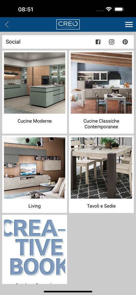 Gruppo LUBE - CREO Kitchens app screen showing catalogs for modern and classic kitchens
