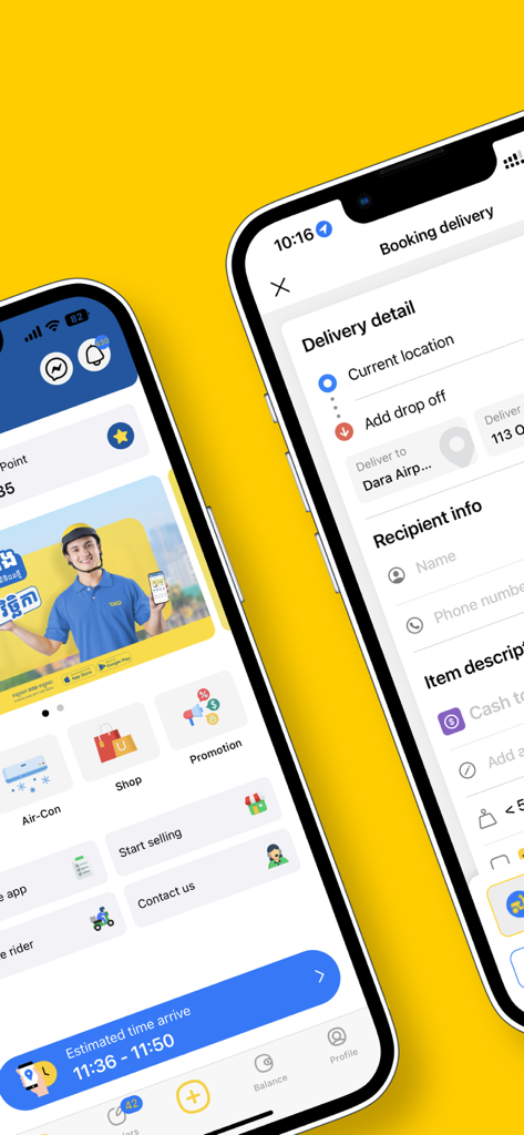 D2D One配送アプリのホーム画面と予約フォームが表示された2台のスマートフォン